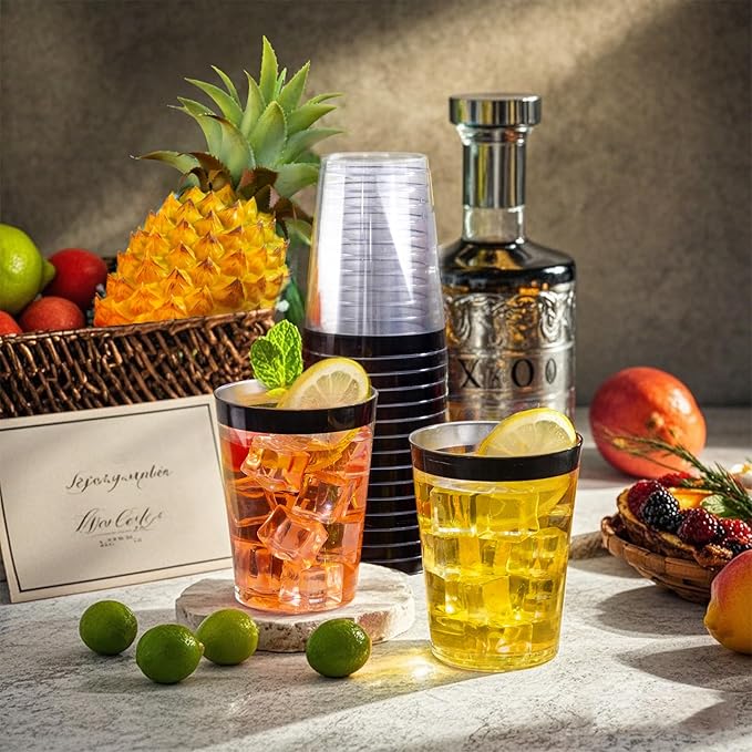 DaYammi 100 Pack Black Plastic Cups 10Oz Clear Disposable Cups with Black Rim, Clear Cocktail Cup Heavy Duty Disposable Wine Glasses Disposable Fancy Plastic Cups for New Year Party