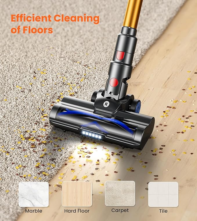 NADALY Cordless Vacuum Cleaner, 500W 40KPA Stick Vacuum with 45min Runtime, Anti-Tangle Self-Standing Vacuum Cleaners for Home, Lightweight Vacuum for Hardwood Floor/Carpet/Pet Hair, Bronzed Gold