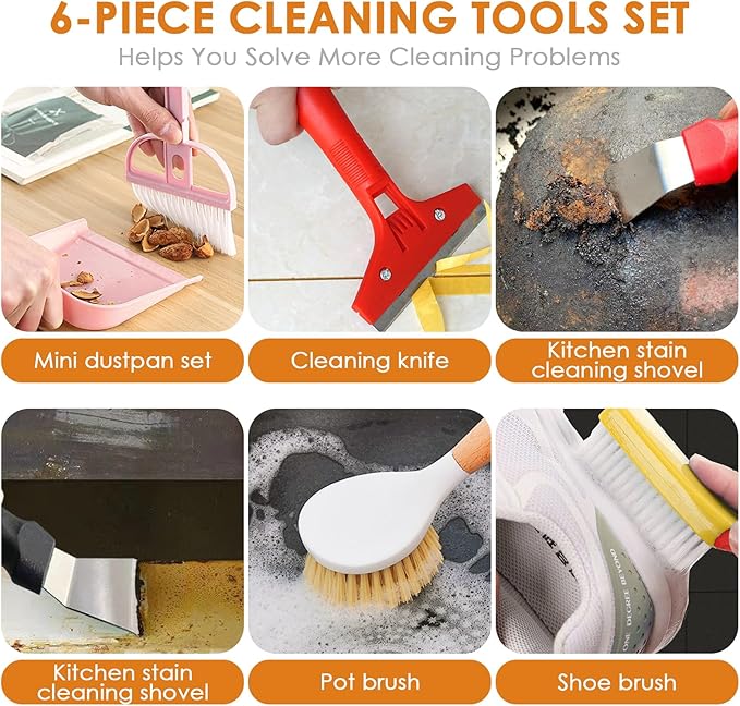 Broom and Dustpan Set with Long Handle and 6 Bonus Cleaning Tools, Upright Standing Combo with Self-Cleaning Teeth & Windproof Dustpan for Pet Hair, Home, Kitchen, Garage, Apartment