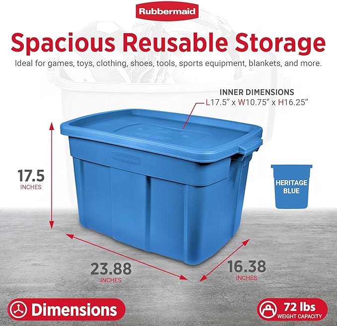 Rubbermaid Roughneck Tote 18 Gal, 6 Pack, Made in USA, Heritage Blue, Rugged Plastic Stackable Storage Bins with Lids and Handles