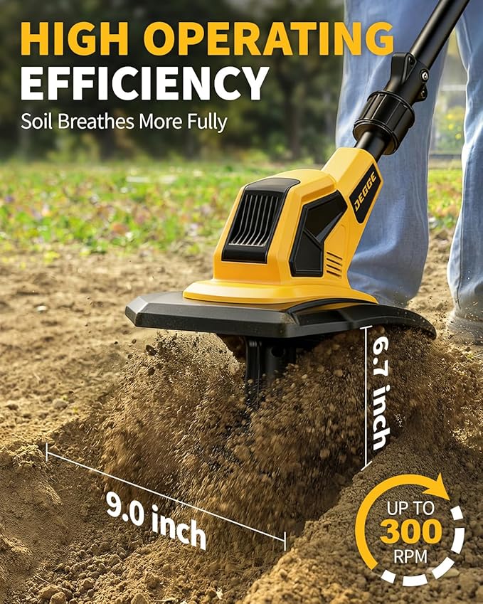 DEGGE Tiller, Cordless Tiller Cultivator with 48 Steel Tines, 9 inch Tilling Width and 6.7 inch Depth, 2 x 3.0Ah 21V Batteries & Charger, Gardening Tools for Lawn/Gardening/Soil Cultivation