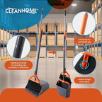 Heavy Duty Outdoor Broom and Dustpan Set with Long Handle, Standing Dustpan & Split-End Bristles for Patio, Garage, Deck, Leaves Debris Cleaning