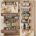 Hongtamoya Adjustable Over the Door Organizer, Metal Hanging Door Organizer with 5 Wire Basket 7 Hooks, Wall Mounted Shelf for Pantry Laundry Organization and Storage, Black