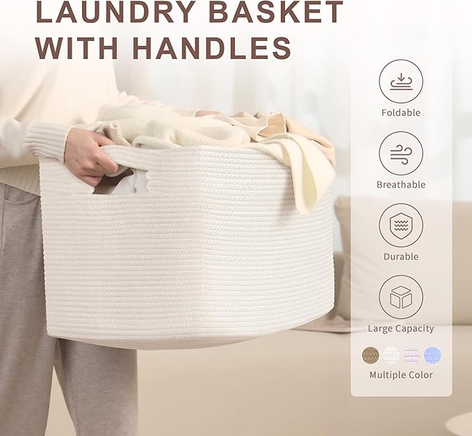 86L Large Baby Girls Laundry Basket for Nursery Storage,Cute Woven cotton Rope Baskets for Kids Toy，Gifts, Boho Square Wicker Blanket hamper for Living Room,Bedroom Dirty Clothes, White