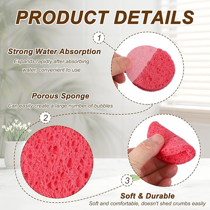uxcell 10Pcs Cellulose Sponges, Round Kitchen Clean Sponges Non-Scratch Compressed Dish Scrubber for Kitchen Household Cookware Bathroom Cleaning & DIY, Pink