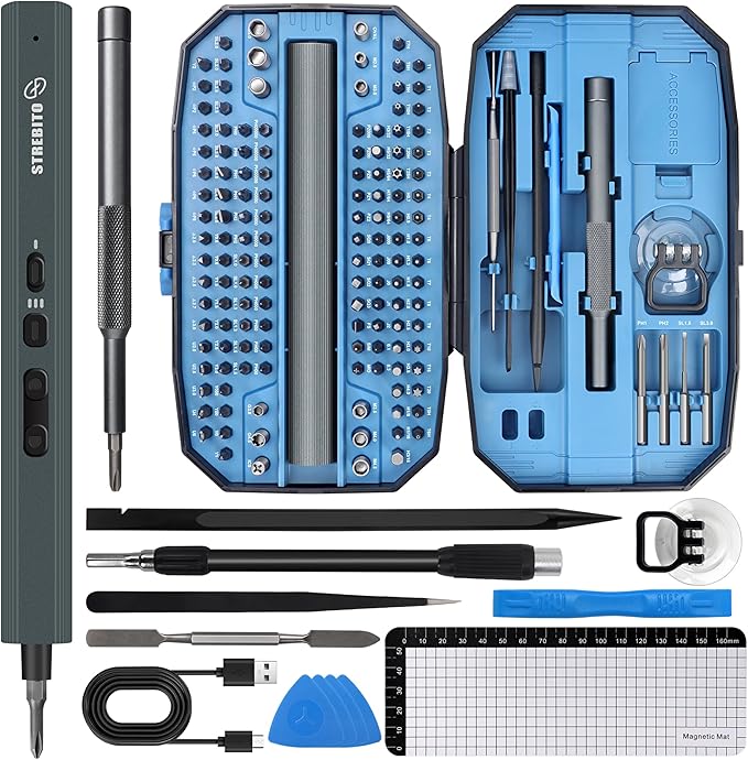 STREBITO Mini Electric Screwdriver Set 155 in 1 Small Electric Screwdriver Cordless, 140 S2 Magnetic Bits, 3 Torque Settings, 650mAh Battery, Precision Electric Screwdriver Kit for Computer Laptop RC