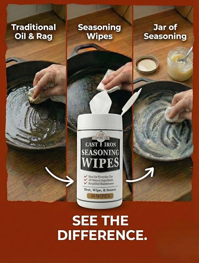 Cookware Care Cast Iron Seasoning Oil Wipes, 50 Wipes, Made in USA with Grapeseed Oil for Cast Iron Skillet, Blackstone Griddle (1 pack)