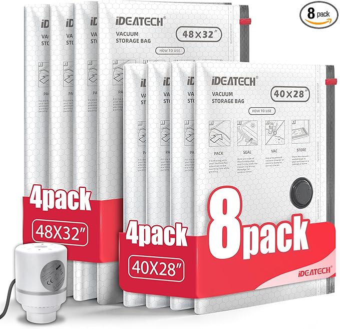 IDEATECH 8Pack Vacuum Storage Bags with Electric Pump, Jumbo Vacuum Seal Bags for Clothing, Bedding & Blankets, Heavy Duty Compression Space Saver with Airtight Seal, Closet & Under Bed Storage-4L+4XL