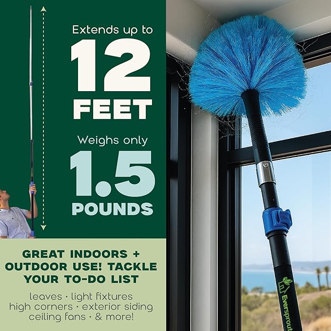 EVERSPROUT 5-to-12ft Telescoping Durable Duster with Extension Pole – Lightweight 3 Stage Cobweb Duster – Extendable to 20ft Reach for Cleaning High Ceilings and Spider Webs