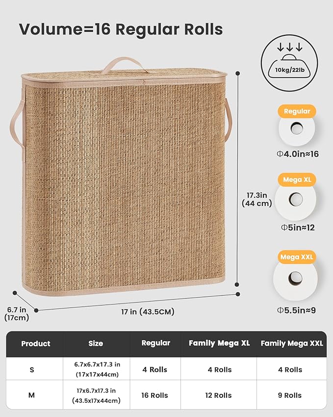 Bamboo Toilet Paper Storage Basket with Lid & Handle - 32L Large Capacity Handwoven Bathroom Organizer for 16 Rolls - Sturdy Stand Holder for Toilet Paper Organization, Carbon Brown