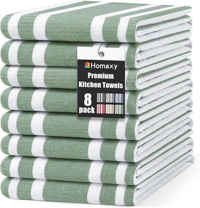 Homaxy Premium Kitchen Towels 18”x 28”, Large Cotton 380 GSM Kitchen Hand Towels, Stripe and Terry Dish Towel, Highly Absorbent Tea Towel Set with Hanging Loop, 8 Pack, Grass Green