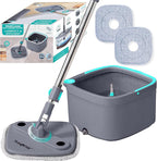 TRUE & TIDY Square Spin Mop & Bucket System – Dual Chamber for Clean & Dirty Water, 360° Rotating Self-Wringing Mop with Built-in Scrub Brush, Stainless Steel Handle & 2 Reusable Microfiber Mop Pads