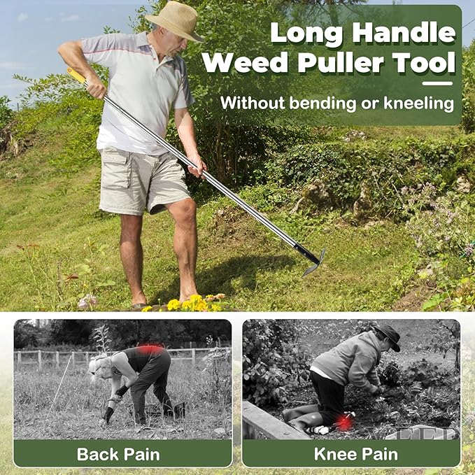 Weed Puller Tool with Long Handle, 60" Manual Weeding Tools Gardening, 2 in 1 Hand Weed Rake and Hoe Garden Weeder Tool, Uprooting Pulling Weed Remover Tool for Yard, Patio, Lawn and Garden