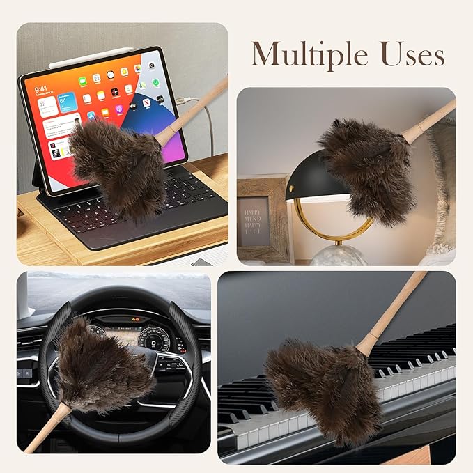Ostrich Duster Fluffy Natural Feather Dusters with Wooden Handle Cleaning Supplies for Home Office Car (2, 16inch)