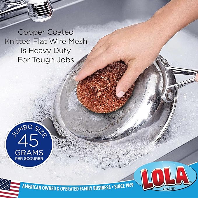 Copper Mesh Scouring Pad by LOLA, 2 Pack, 45 Grams, 4" Heavy Duty Cleaning Pads, Copper Coated Knitted Wire Mesh, Recyclable, Cleans Baked On Messes