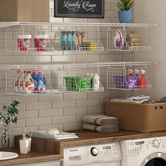 3-Tier Foldable Laundry Basket Organizer with Rotating Hooks - Space-Saving Over Washer and Dryer Shelf for Laundry Room Organization and Storage, Durable Wire Shelving Unit, White