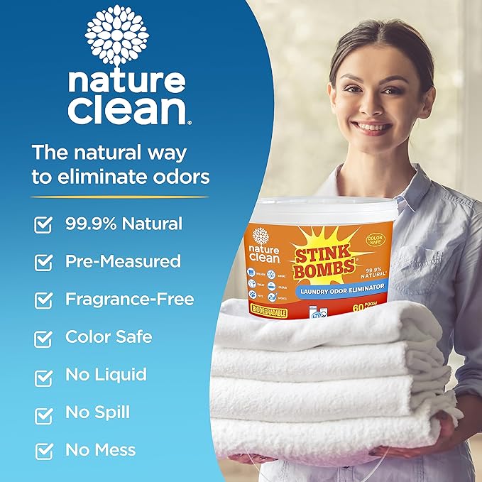 Nature Clean Stink Bombs, Natural Laundry Odor Eliminator for Clothes, Strong Odor Remover for Clothes with Pet, Sweat, Grease, Mildew & Sports Smell, Odor Remover Laundry Pods for Home Use, 60 Pods
