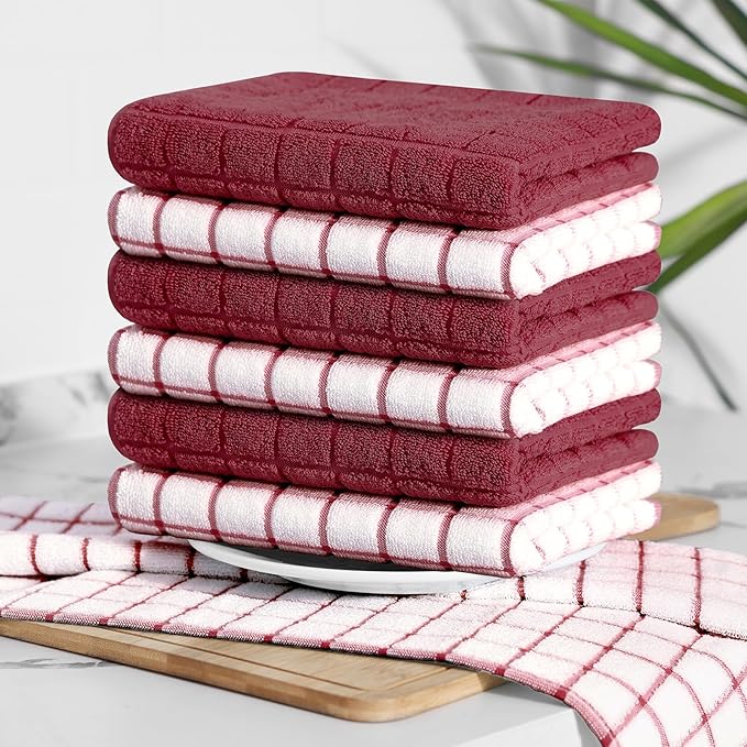 Homaxy Premium Cotton Kitchen Towels 16"x 28", Large Natural Ring Spun 390 GSM Dish Towels, Super Absorbent Terry Kitchen Hand Towels, Soft Tea Towel with Hanging Loop, Red Check Design,6 Pack