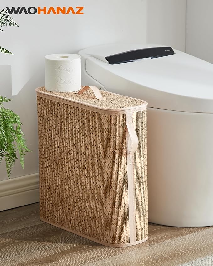 Bamboo Toilet Paper Storage Basket with Lid & Handle - 32L Large Capacity Handwoven Bathroom Organizer for 16 Rolls - Sturdy Stand Holder for Toilet Paper Organization, Carbon Brown