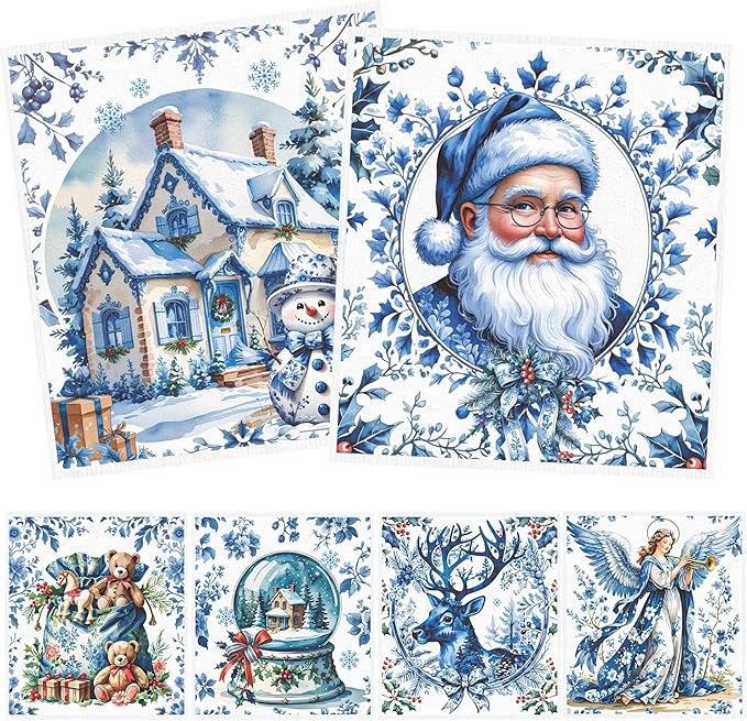 Winter Swedish Dishcloths for Kitchen, 6PCS Christmas Swedish Dish Cloths Gift Set, Vintage Reusable Washable Absorbent Dish Towel for Home Cleaning(7.8 X 7 Inches)