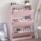 BORNOON Shoe Cabinet with 3 Flip Drawers, Hidden Wood Shoe Cabinet,Freestanding Shoe Storage Cabinet for Entryway Hallway.White. 47.2" H*31.5" W*9.45" D (Pink)