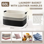 60L Large Laundry Basket with Leather Handles for Living Room Storage, Woven Rope Baskets Bin for Blanket, Kids Toy, Gifts, Wicker Hamper for Bedroom Dirty Clothes, 21"x15"x11" White Black
