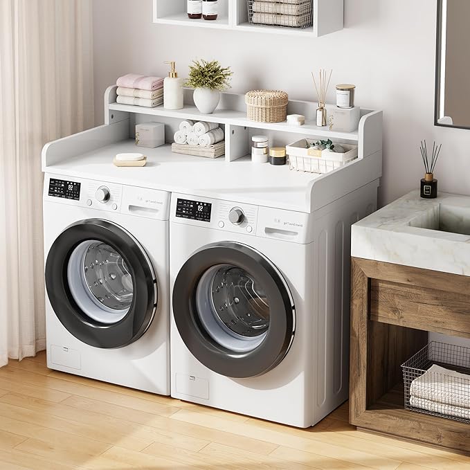 Garvee 54" Washer Dryer Countertop with 2-Tier Shelf, Wooden Laundry Countertop with Non-Slip Pad and Guard Rails, Washer and Dryer Topper for Laundry Room Organization