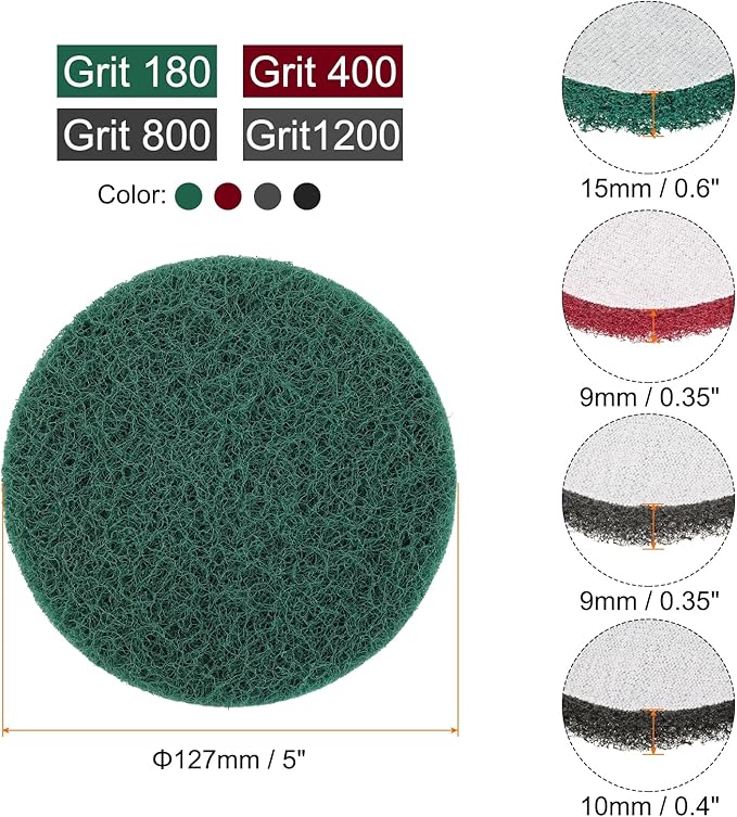 HARFINGTON 4pcs Scrubber Scouring Pads 180 400 800 1200 Grits 5 Inch Drill Power Brush Hoop and Loop Surface Conditioning Disc Drill Scuffing Disc Scrub Pads for Kitchen Cleaning, 4 Colors