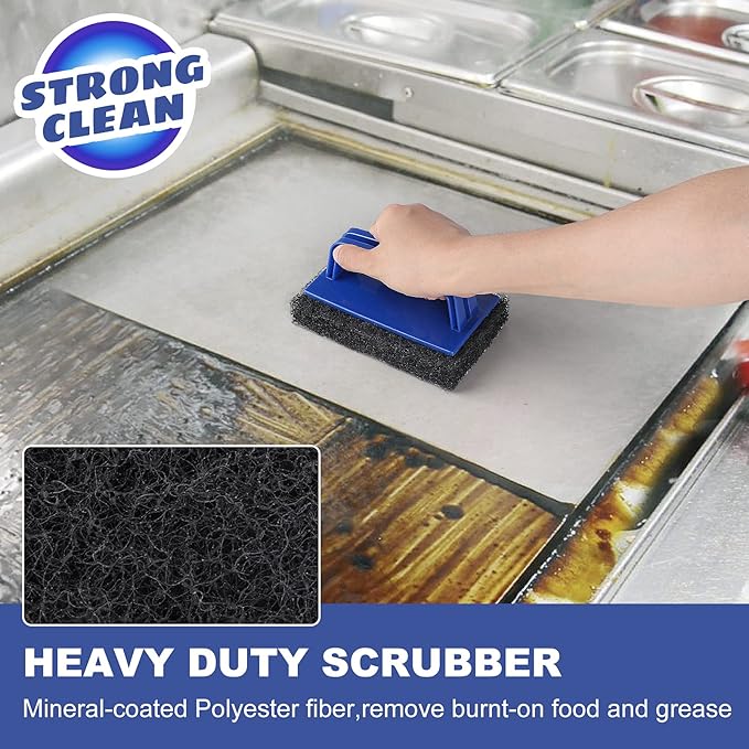 Blackstone Grill Cleaning Kit, Heavy Duty Griddle Scrubber Scouring Pad & Handle, Griddle Cleaning Brush for Charcoal, Gas Grills, Cast Iron Cookware, Oven, Grate, Stovetop
