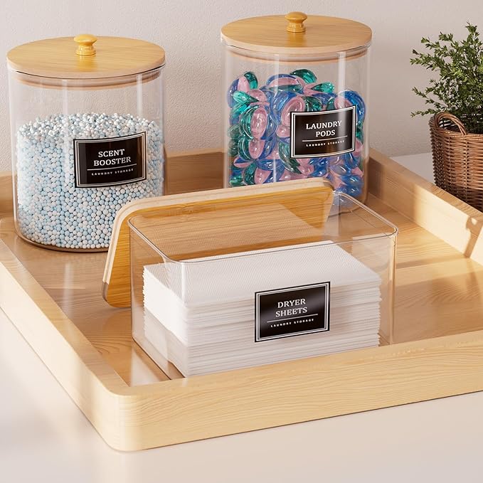 3+1 Pack Glass Laundry Pods Container & Acrylic Dryer Sheet Holder, Clear Laundry Room Organization Containers with Bamboo Lids & Labels, Powder Laundry Detergent Container for Scent Booster, Powder