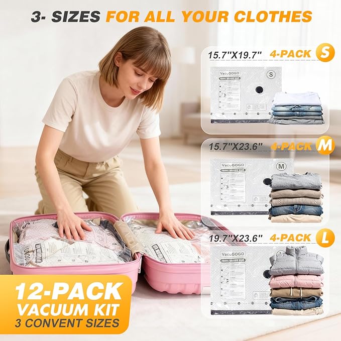 Travel Vacuum Storage Bags with Pump, Carry-on Luggage Compression Bags + Portable Electric Pump, 80% Space Saver for Clothes, Vacuum Seal Bags for Clothing Packing Travel, Pack of 12
