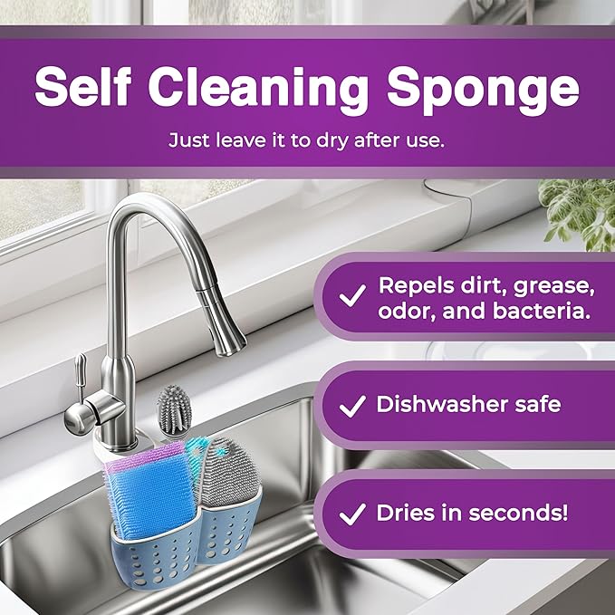 Silicone Dish Scrubber Sponges (5-Pack) - Dual-Sided Silicone Scrubbers and 1 Bottle Stick Brush - Food Grade Kitchen Scrubbers for Dishes - BPA-Free Sponges