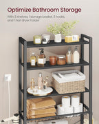 VASAGLE Over the Toilet Storage, Over Toilet Bathroom Organizer with Adjustable Shelves and Basket, 3 Hooks, Space Saving, 9.4 x 23.6 x 68.1 Inches, Ebony Black UBTS114BE01S