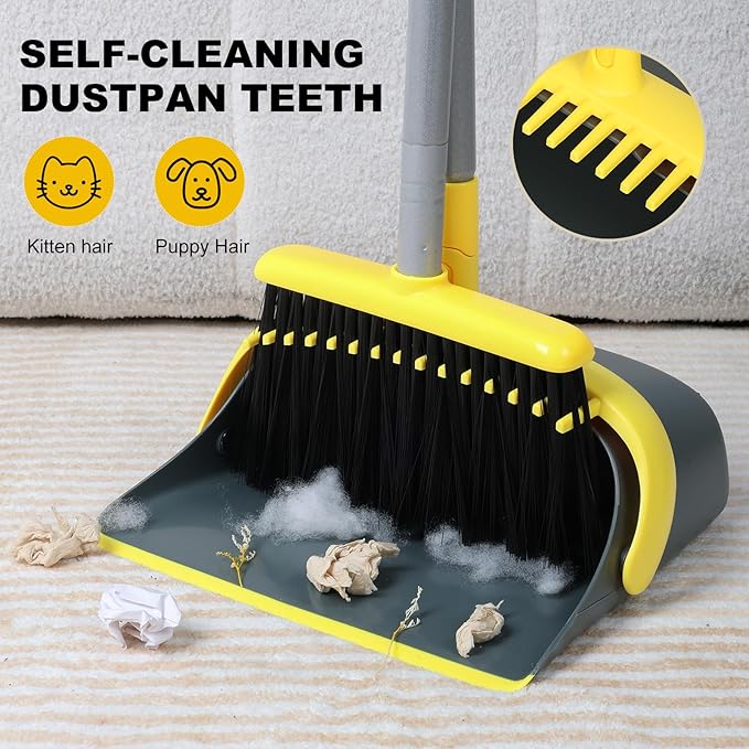 Broom and Dustpan Set with 54 Inch Long Handle - Perfect Dust Pan and Brush Combo for Home Efficient Cleaning (Yellow and Grey)