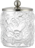 Clear Transparent Apothecary Floral Embossed Glass Jar With Satin Nickel Metal Lid Cover for Bathroom Organization, Cotton Balls, Q Tips, and Small Accessories, Bathroom Storage