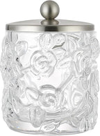 Clear Transparent Apothecary Floral Embossed Glass Jar With Satin Nickel Metal Lid Cover for Bathroom Organization, Cotton Balls, Q Tips, and Small Accessories, Bathroom Storage
