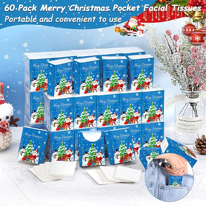 60 Pack Christmas Pocket Tissues 600 Sheets Merry Xmas Travel Packs 3 Ply Unscented Small Mini Individual Portable Travel Tissue Pack with Unique Embossing for Purse Holiday Party Travel