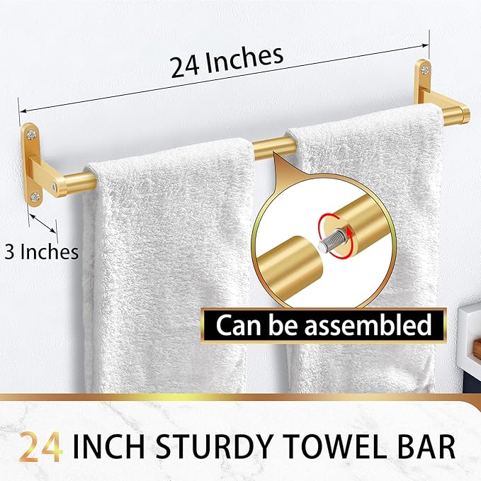 Gold Towel Bar 24 Inch, KLJKPA Towel Bar for Bathroom Wall, Stainless Steel Heavy Duty Single Bath Towel Rod