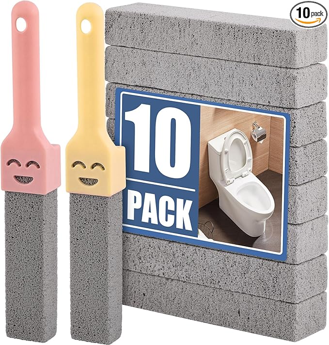 Navona 10 Pack Pumice Stone Scouring Sticks with 2 Universal Handles, Grey Pumice Stone Cleaner for Cleaning Toilets, Bathrooms, Kitchens, Spas and Pools