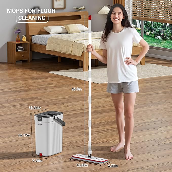 Mop and Bucket Set, Flat Mop and Bucket System with Separate Dirty and Clean Water, 3-Compartment Wall Cleaner Mop, Flat Mops for Floor Cleaning with 8 Microfiber Pads