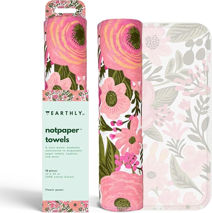 Reusable Paper Towels - 10 Pack - Roll of Washable Cotton Cloth Paper Towels - Paperless Reusable Napkins Cloth Washable - Absorbent + Long Lasting - Zero Waste Products - (Flower Power)