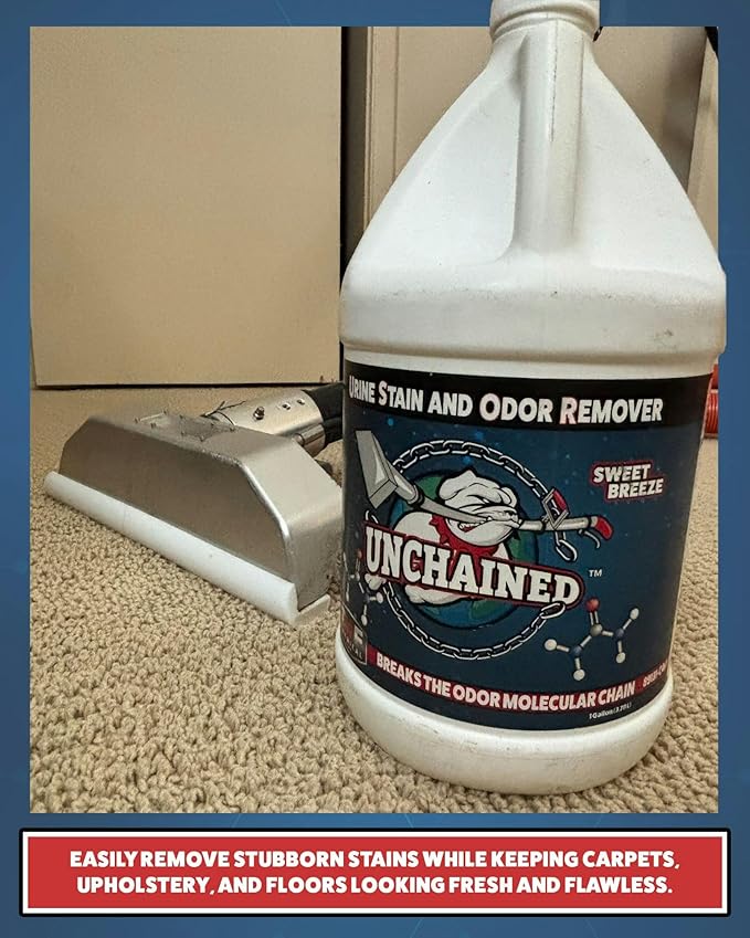 Unchained Urine Stain & Odor Remover Liquid Concentrate - Oxygen Based Odor Control Formula, Pet Smell Eliminator, Ideal for Carpets, Concrete, or Furniture, Sweet Breeze, 1 Gallon