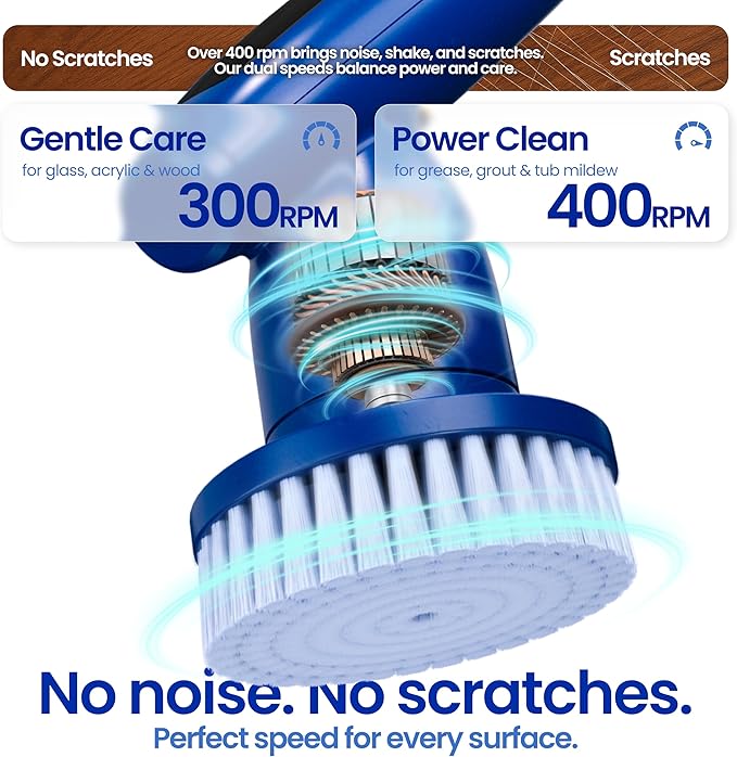 iKLYN Electric Spin Scrubber - Cordless Power with Long Handle, 8 Attachments, LED Display, 2 Speeds for Bathroom Shower Tub Bathtub Floor Cleaning