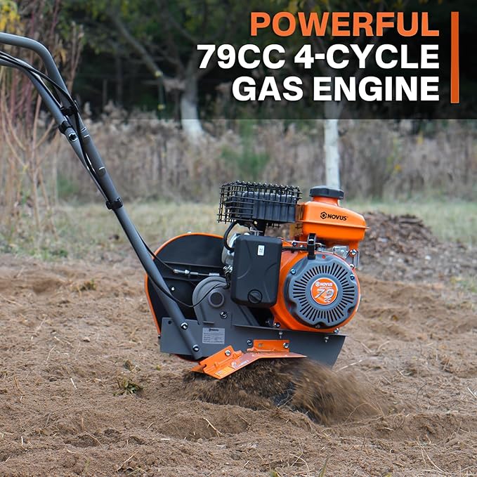 NOVUS 2 in 1 Gas Tiller Cultivator with 79cc 4-Cycle Engine, 9"-17" Tool-Free Tilling Width Adjustment, 24 Steel Tines, Never-Flat Wheels,Front Tine Gardon Tiller for Lawn, Field Soil Cultivation