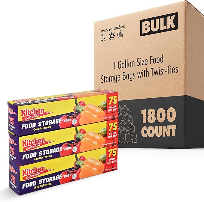 1 Gallon Food Storage Bags with Twist Ties (1800 Count) Bulk Freezer Storage Bags Gallon Size for Bread, Vegetables, Fruit, and More, Clear Disposable Twist Tie Storage Bags, Stock Your Home