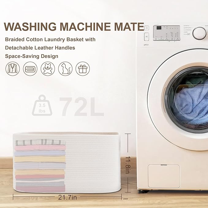 72L Large Baby Girls Laundry Basket for Nursery Storage,Cute Woven cotton Rope Baskets for Kids Toy，Gifts,Boho Square Wicker Blanket hamper for Living Room,Bedroom Dirty Clothes, White