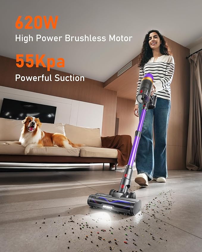 TVTAU Cordless Vacuum Cleaner, 620W 55KPA 75Mins Runtime Stick Vacuum with Self-Standing, LED Display, V-Shape Anti-Tangle Brush, 8-Stage Filtration, for Hardwood Floors Carpets Pet Hair, T10 Pro