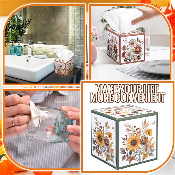 12 Pack Fall Wildflower Floral Facial Tissues Cube Boxes 600 Sheets 3 Ply Autumn Small Flower Square Face Tissues Bulk for Thanksgiving Day Car Bedroom Party Supplies