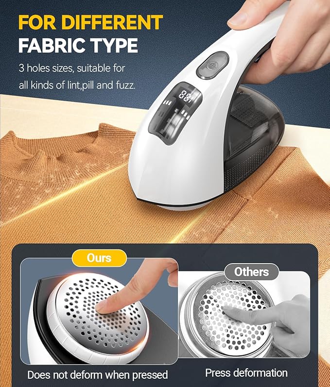 Rechargeable Fabric Shaver and Lint Remover, 3-Speed Adjustable Sweater Shaver with 6-Leaf Replaceable Stainless Steel Blades, 2.6Inch Large Mesh, Removable Bin for Clothes Fuzz, Lint, Pills, Bobbles