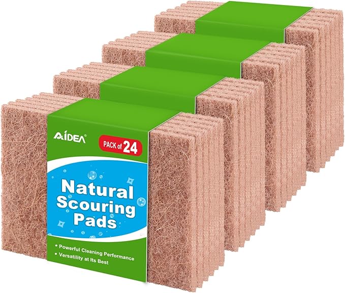 AIDEA Non-Scratch Natural Scouring Pads, Dish Scrubber Pads for Household and Kitchen, Cellulose Multipurpose Scour Pads for Cleaning -Natural Sisal Fibers, 24 Pack, 5.5in*3.5in